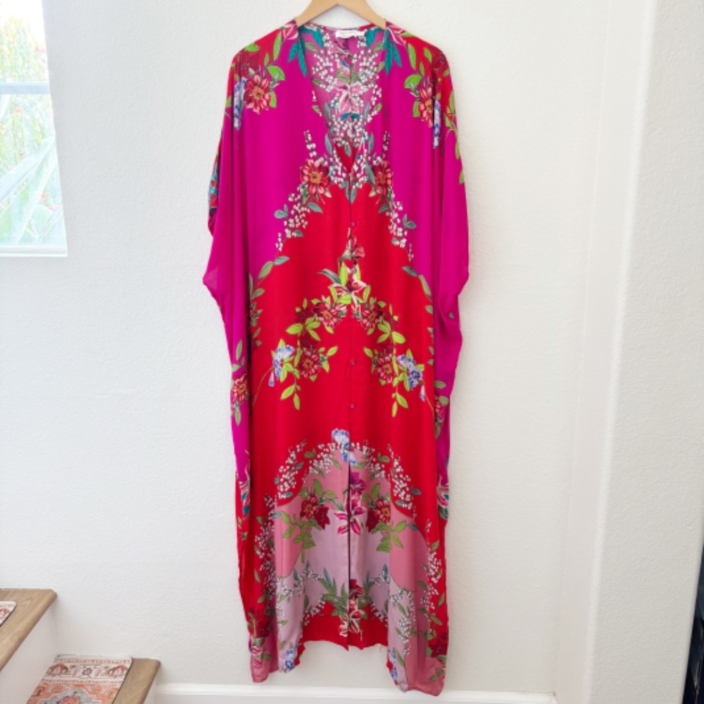 Johnny Was Nanya V-Neck Oversized Floral Print Maxi‎ Kaftan in Red Blush Sz L/XL - Picture 2 of 12